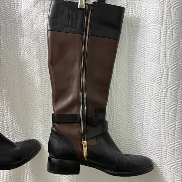 Michael Kors Riding Boots Leather Block Heel Knee High Brown Black Size 8.5M - Picture 3 of 12